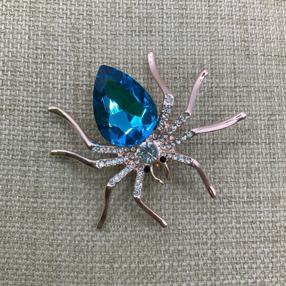 Spider Blue Gold Tone Rhinestone Brooch Pin